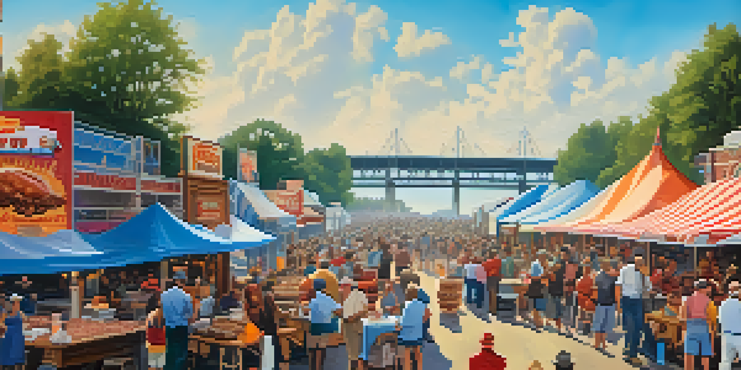 A lively barbecue festival in Memphis with colorful tents, smoke from grills, and happy people enjoying food.