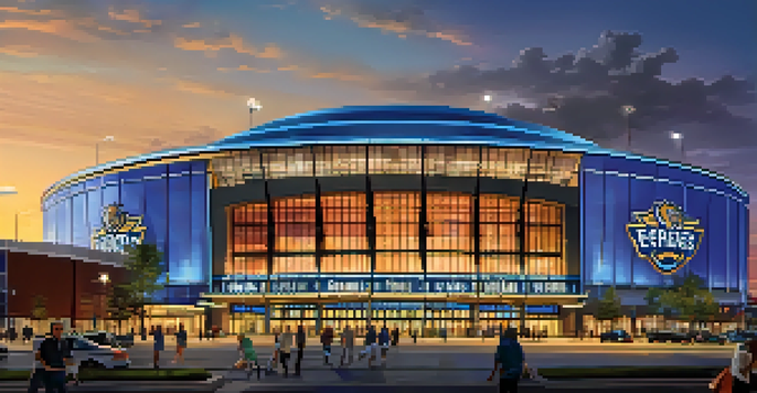 An exterior view of FedExForum, a modern sports and entertainment arena, filled with fans and illuminated at dusk.