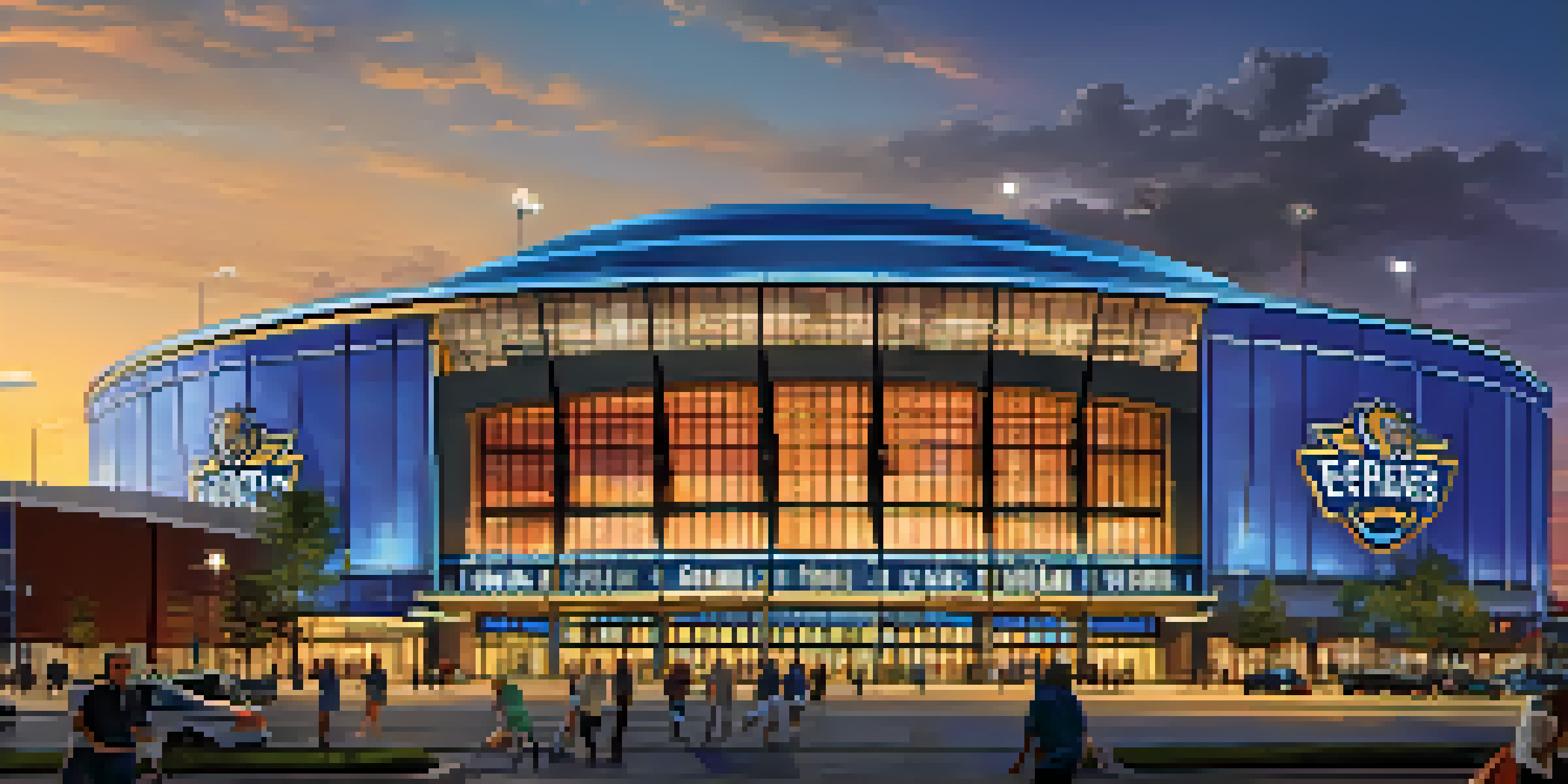 An exterior view of FedExForum, a modern sports and entertainment arena, filled with fans and illuminated at dusk.