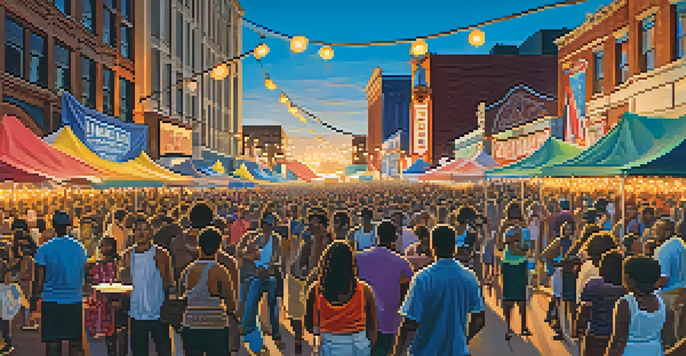 A lively music festival scene with diverse crowds enjoying performances, colorful banners, and the Memphis skyline at sunset.