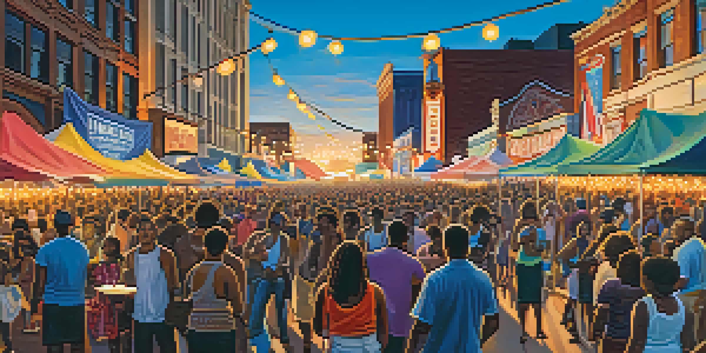 A lively music festival scene with diverse crowds enjoying performances, colorful banners, and the Memphis skyline at sunset.