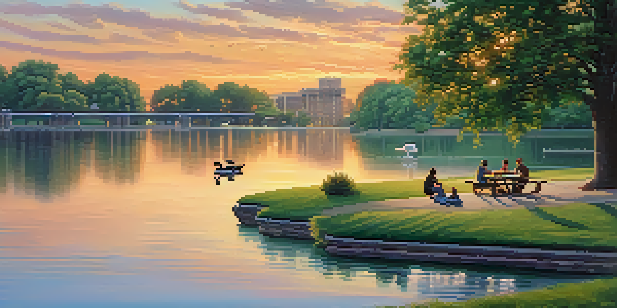 A family picnicking by the river at sunset in Memphis Riverfront Parks, with colorful clouds reflecting on the water and greenery surrounding them.