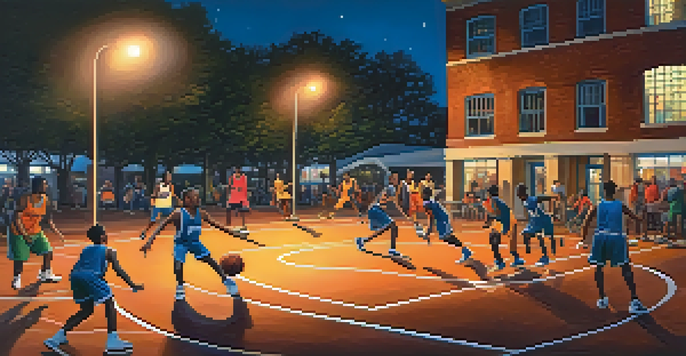 Young athletes practicing basketball on a court in Memphis at dusk, with city landmarks in the background.