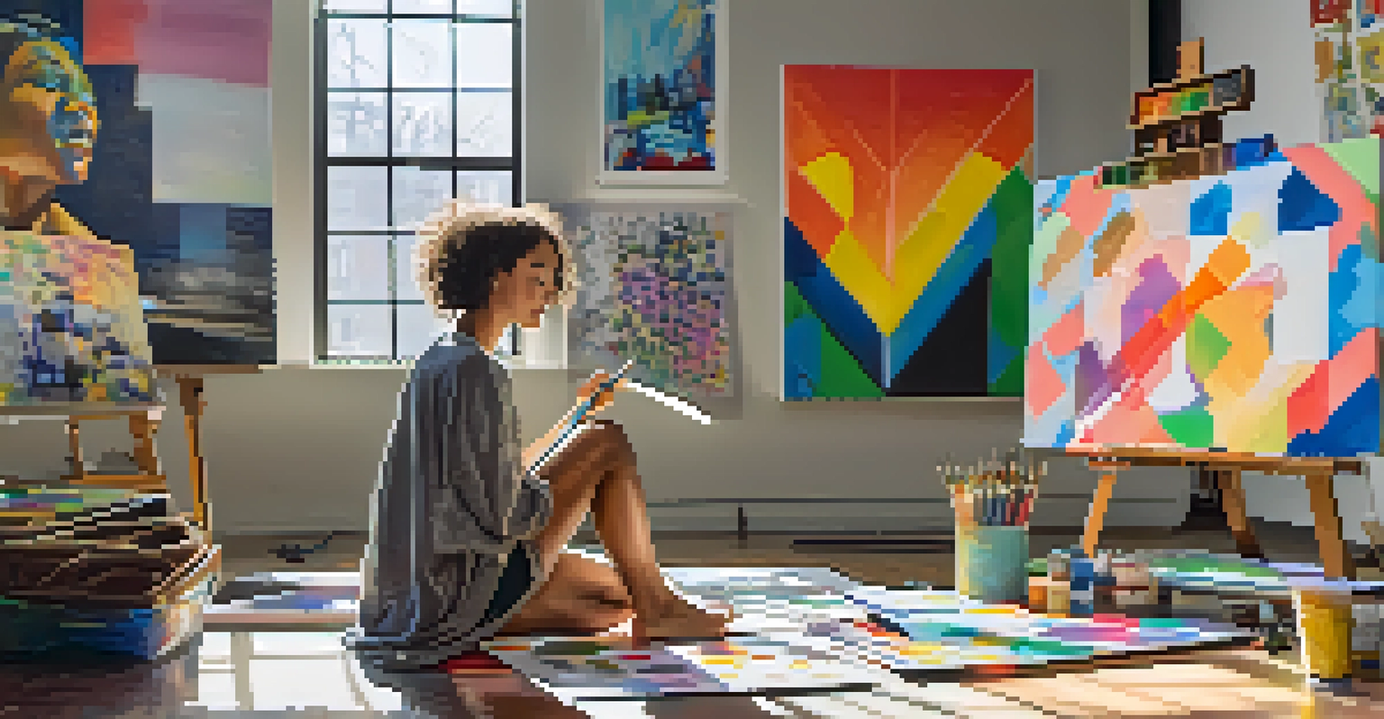 A young artist in a studio at Memphis College of Art with colorful paintings and art supplies, illuminated by sunlight.