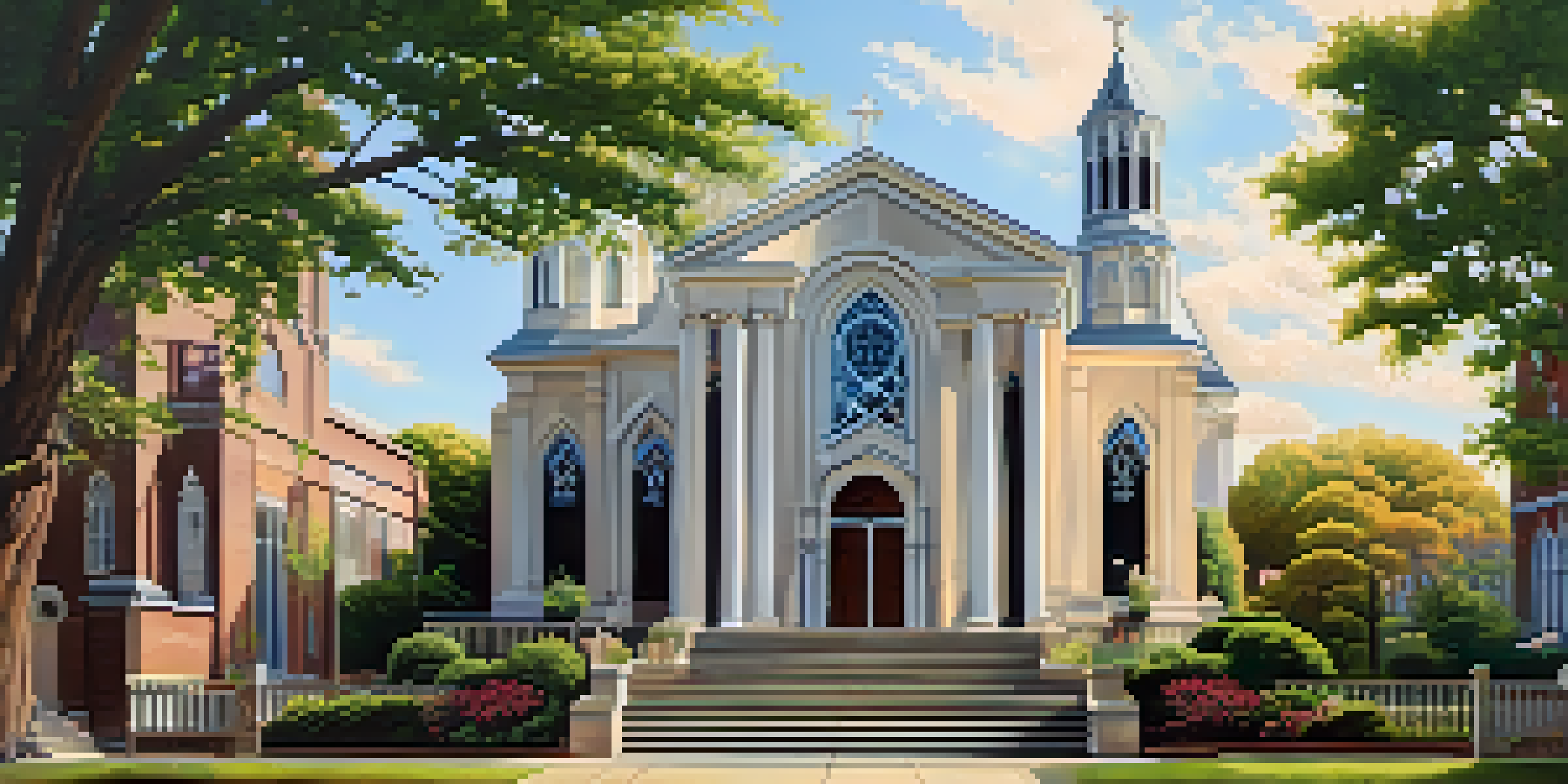A historic church in Memphis with stained glass windows, surrounded by flowers and greenery, under a clear blue sky.