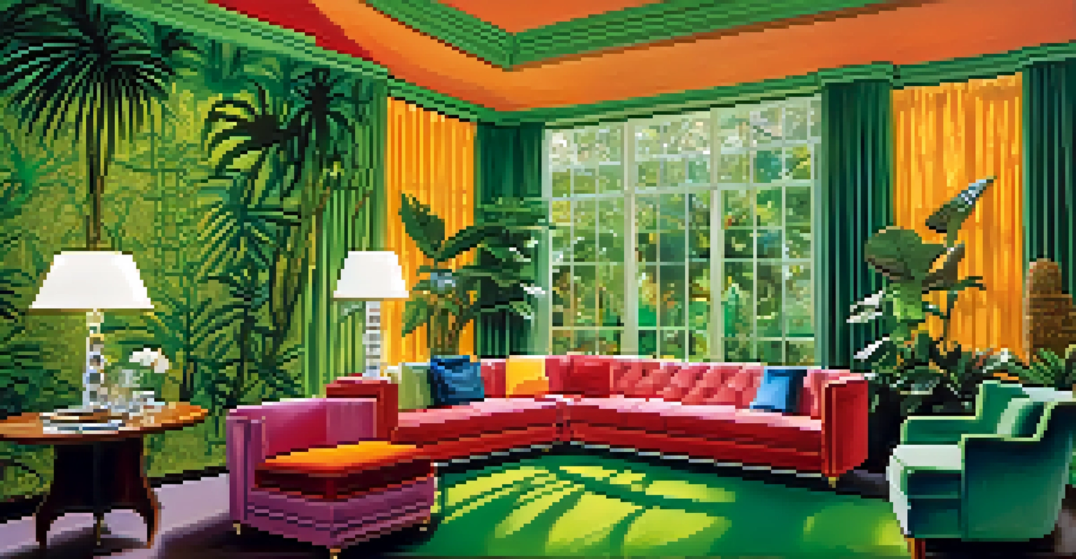 The Jungle Room at Graceland, featuring green shag carpeting, colorful furnishings, and exotic plants under soft warm lighting.
