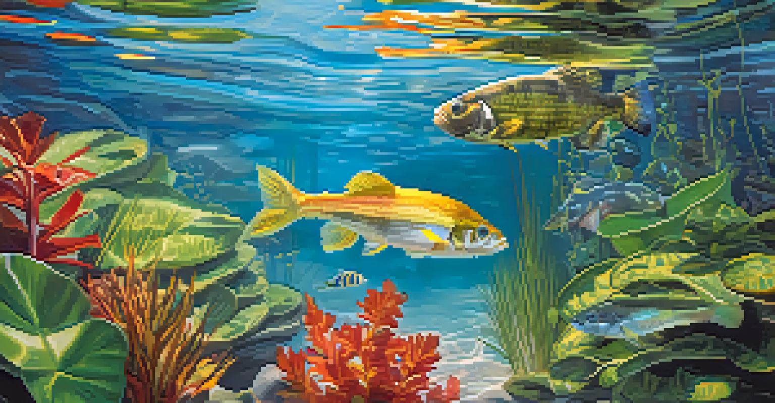 A detailed close-up of native fish species swimming among colorful aquatic plants in the clear waters of the Mississippi River.