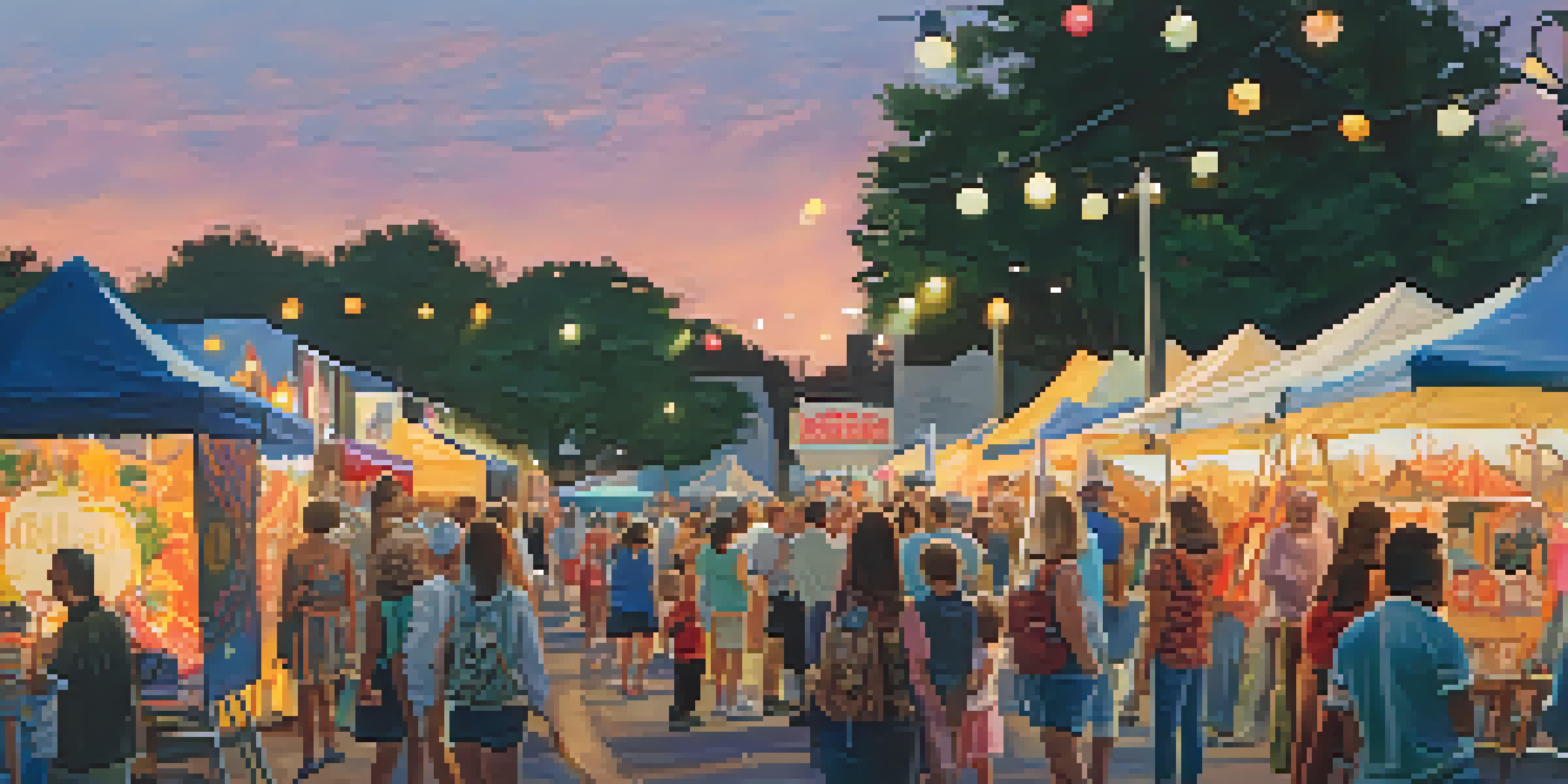 A community art fair with local artists and families enjoying a vibrant outdoor event at sunset.