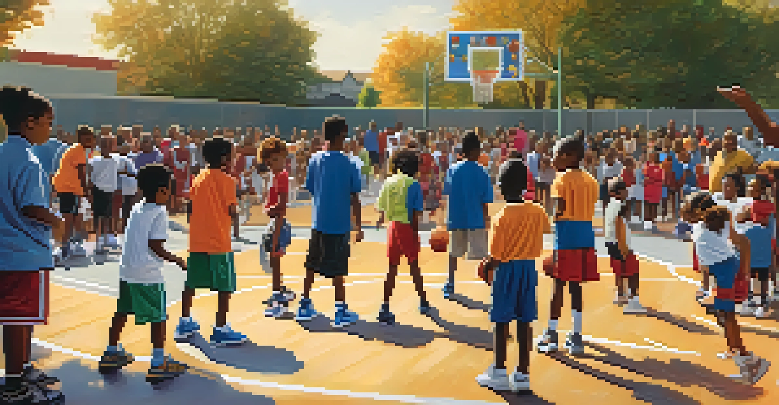 Children participating in a youth basketball clinic on an outdoor court in Memphis, with community members watching and supporting in the background.