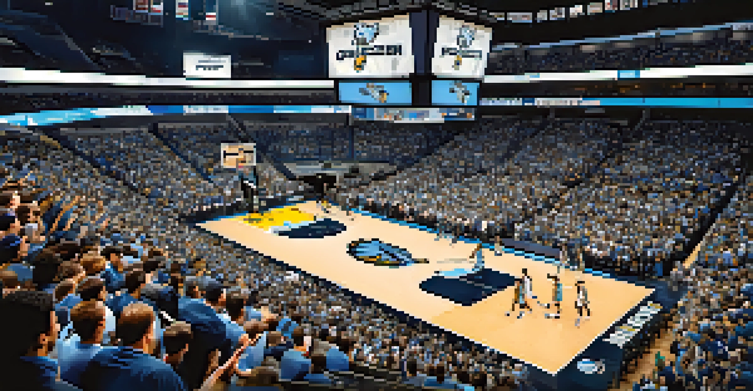 Inside FedExForum during a basketball game, showing players on the court and a cheering crowd.