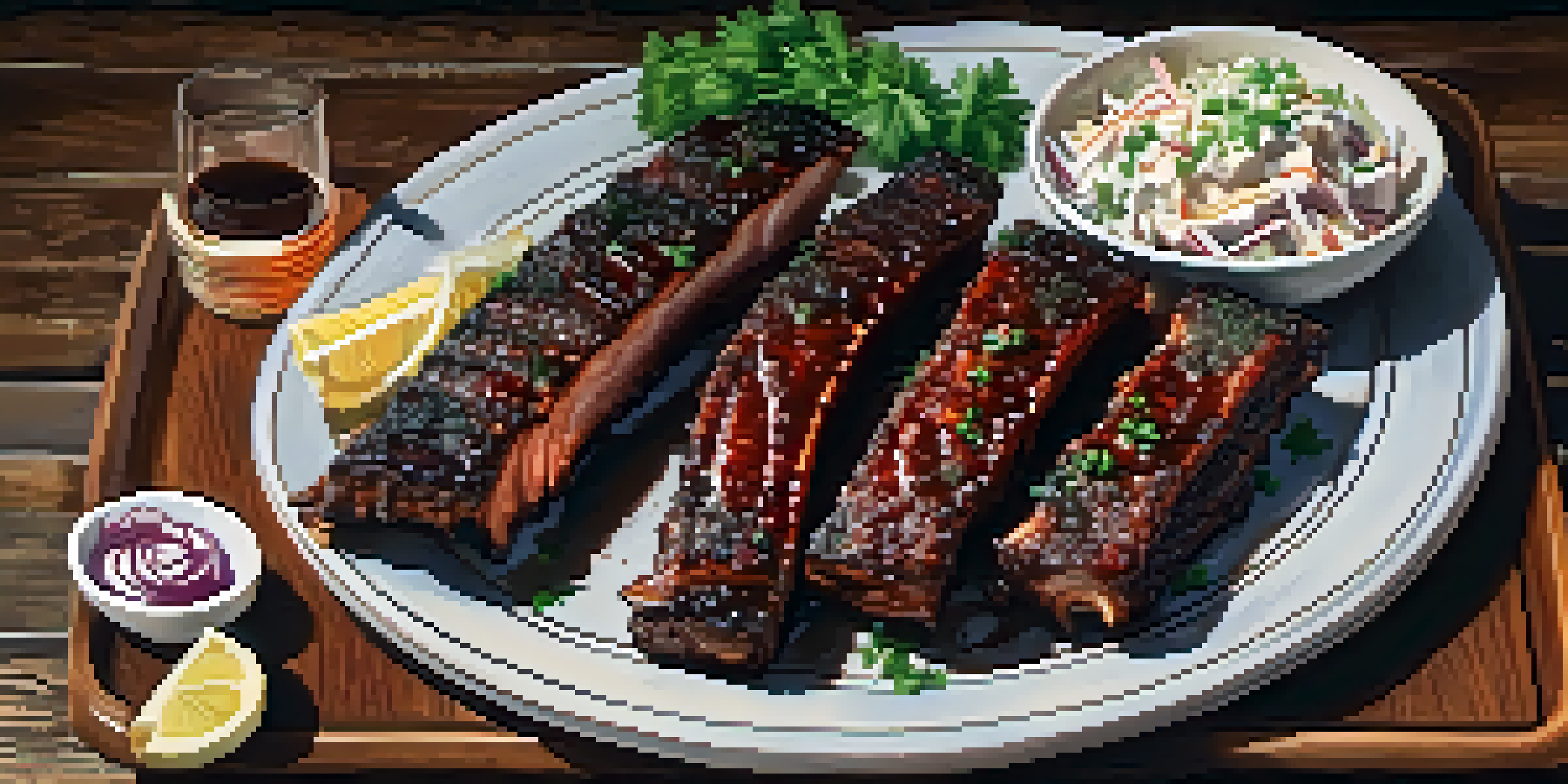 A plate of juicy dry-rubbed ribs with coleslaw and fries on a rustic wooden table.