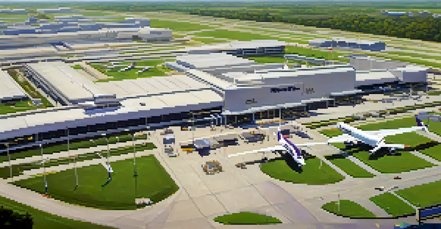 Aerial view of Memphis International Airport with FedEx planes and a busy cargo area.