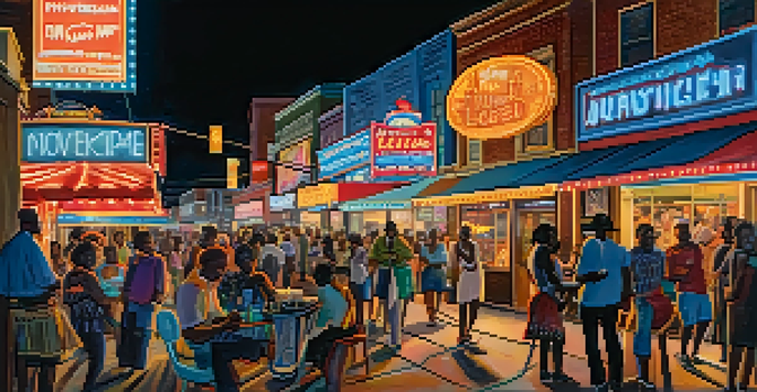 A lively night scene on Beale Street in Memphis with neon lights, people enjoying live music, and local musicians performing.