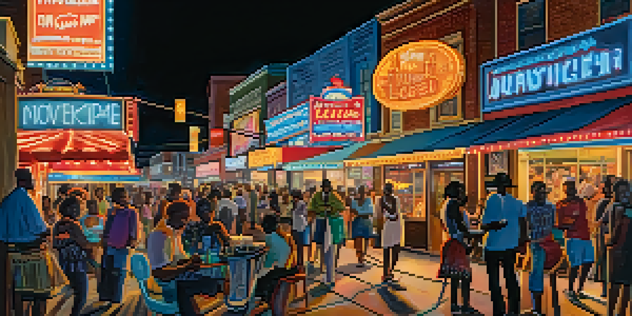 A lively night scene on Beale Street in Memphis with neon lights, people enjoying live music, and local musicians performing.