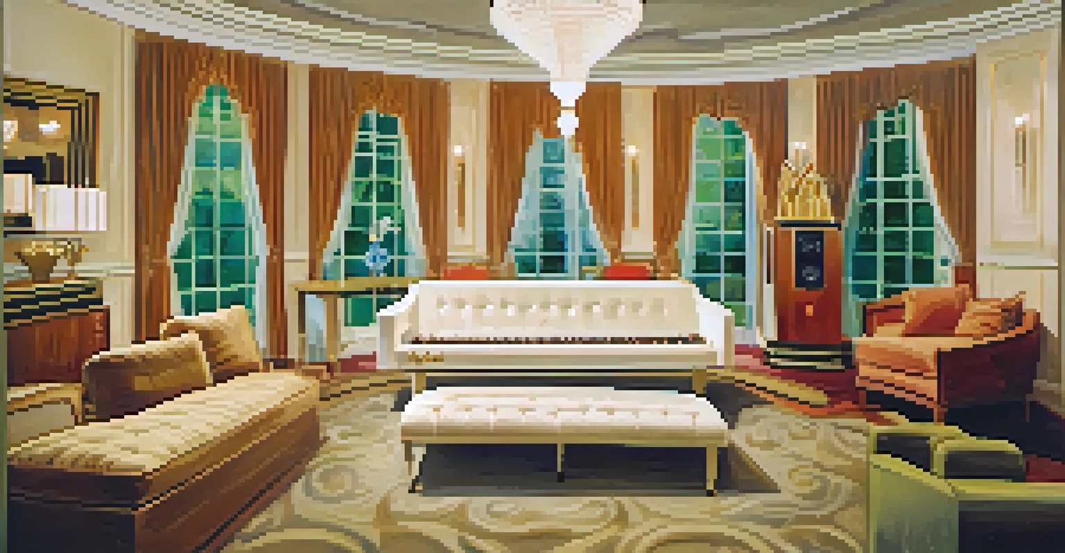 The living room of Graceland with a white piano and vintage decor.