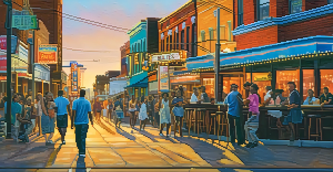 A lively street scene on Beale Street with colorful neon signs and people enjoying live music, illuminated by a warm sunset.