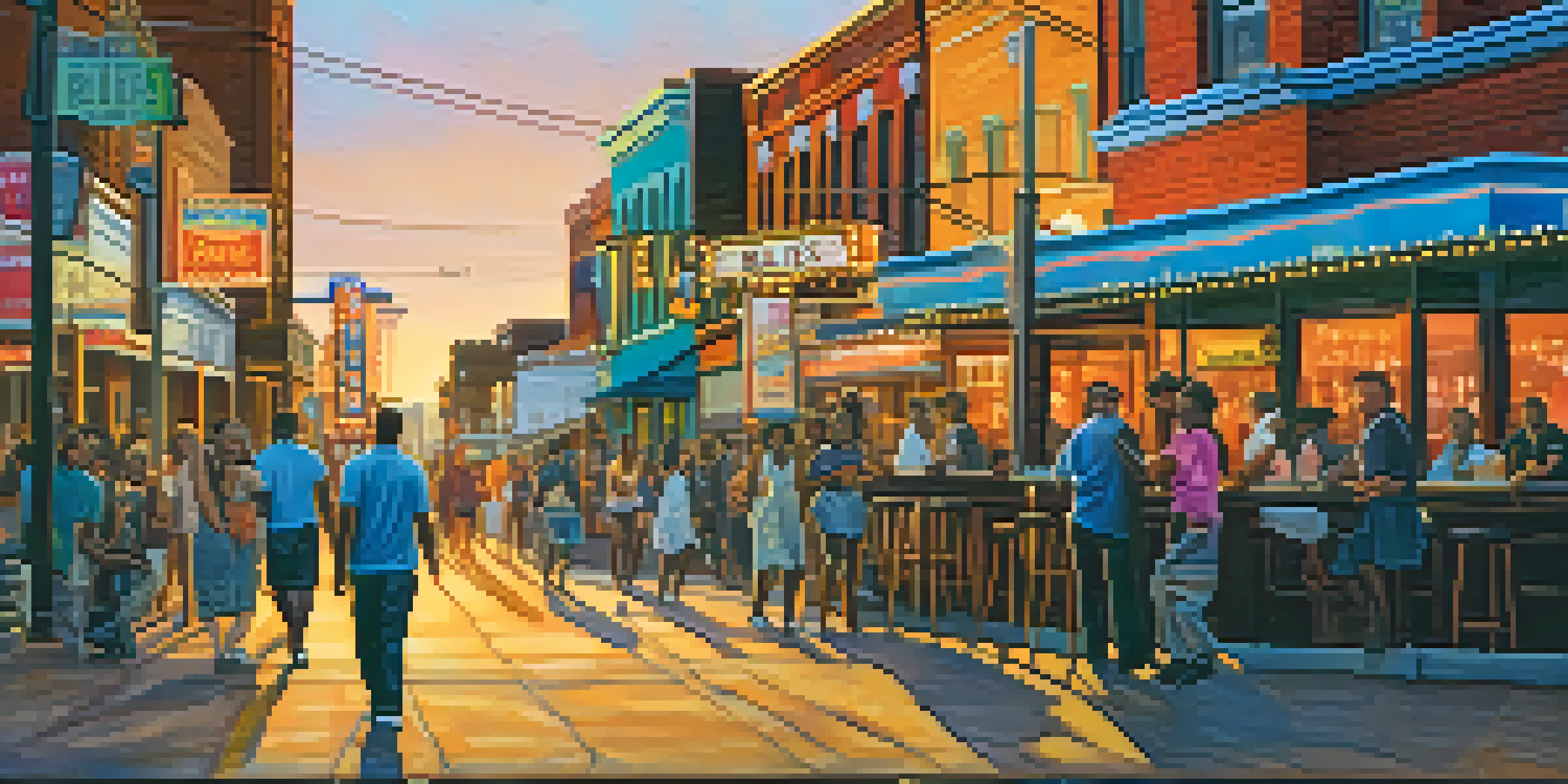 A lively street scene on Beale Street with colorful neon signs and people enjoying live music, illuminated by a warm sunset.