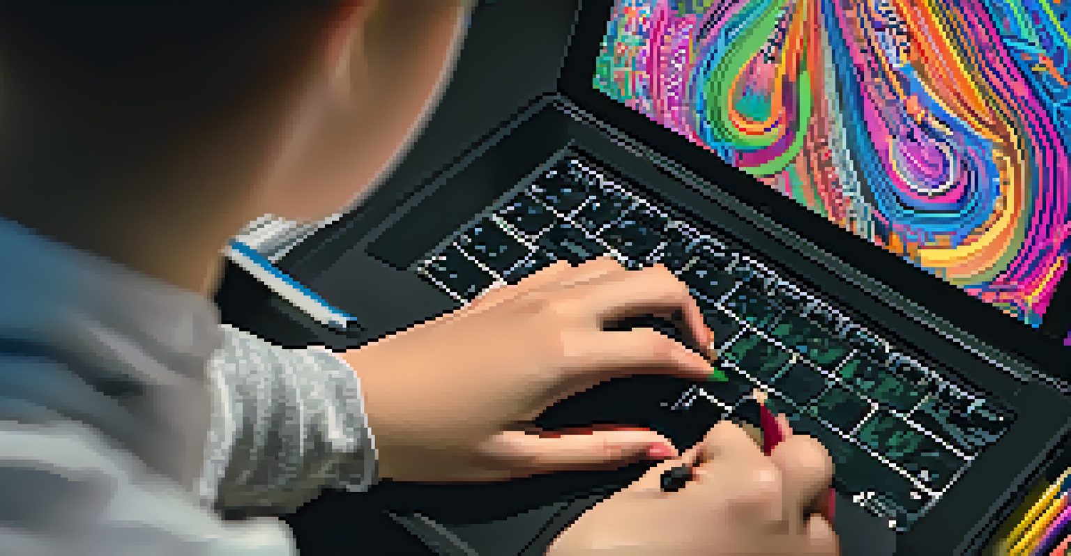 A student working on digital art on a laptop, surrounded by traditional art supplies in a cozy setting.