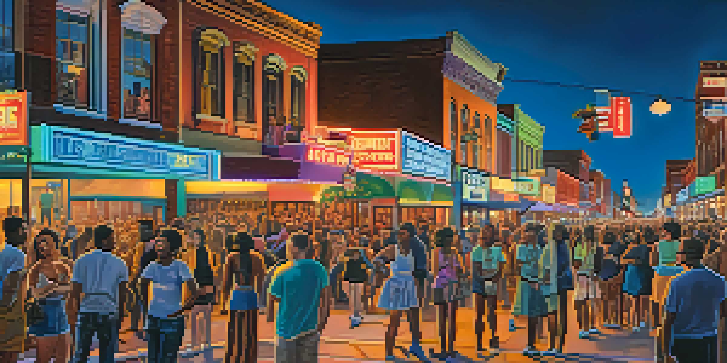 A busy street scene on Beale Street with neon lights and people enjoying live music during a festival.