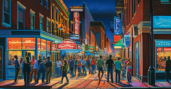 A lively street scene on Beale Street in Memphis, featuring neon signs, historic buildings, and people enjoying live music at night.