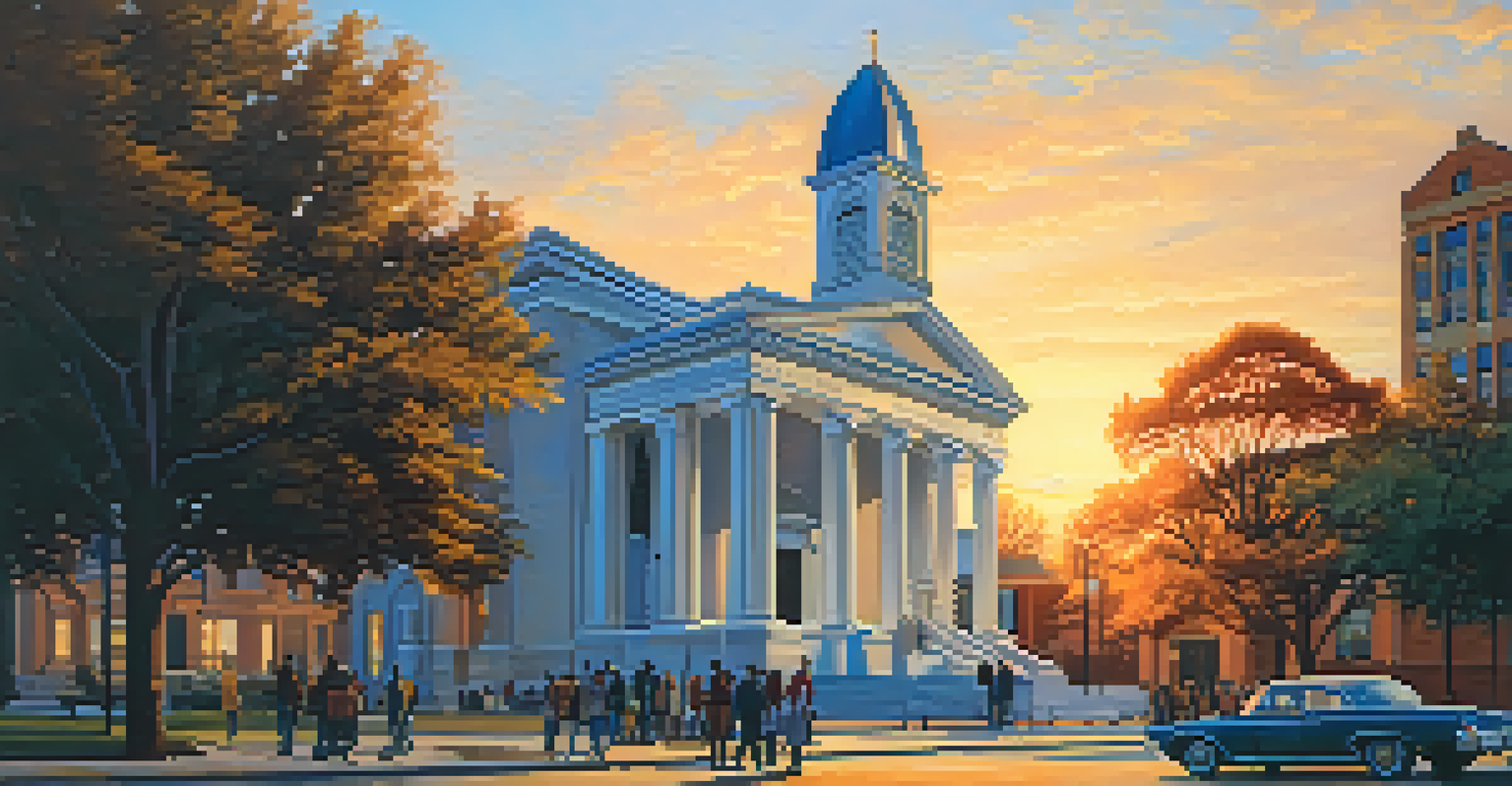 Clayborn Temple at sunset with warm light illuminating the building and people gathered on the steps.