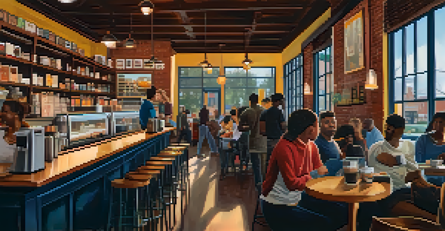 A cozy coffee shop bustling with students studying and socializing, featuring warm lighting and city life outside the window.
