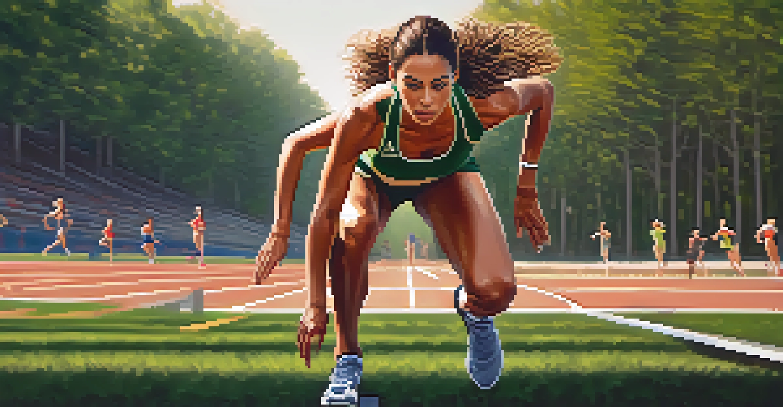A female athlete in starting position on a track at sunrise, with a focused look and a beautiful natural backdrop.