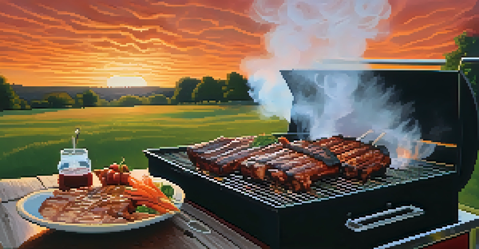 A charcoal grill with ribs cooking under a warm sunset, surrounded by fresh herbs.