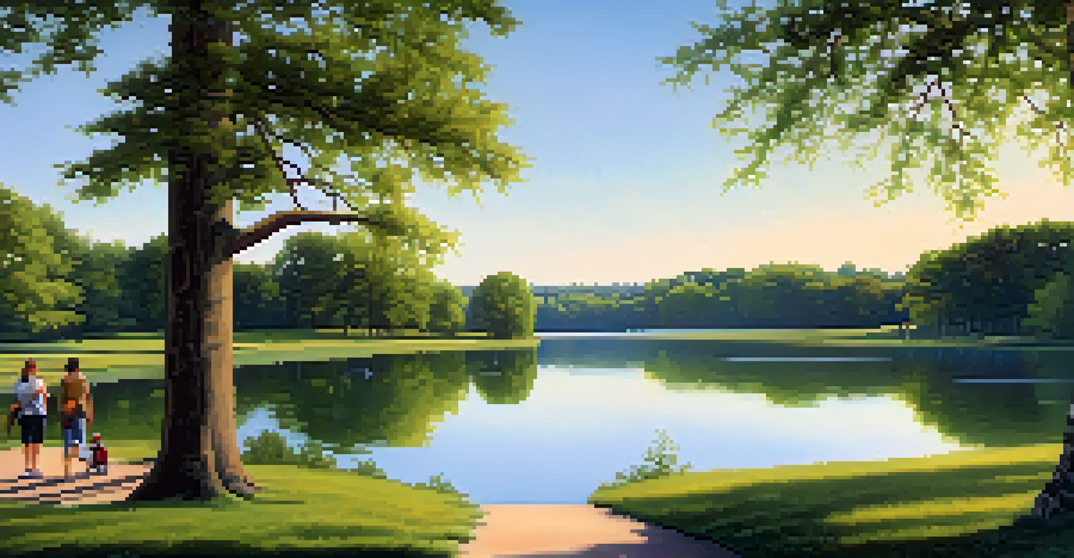 A beautiful park landscape showing a lake and green trails in Shelby Farms Park, with people enjoying the outdoors.
