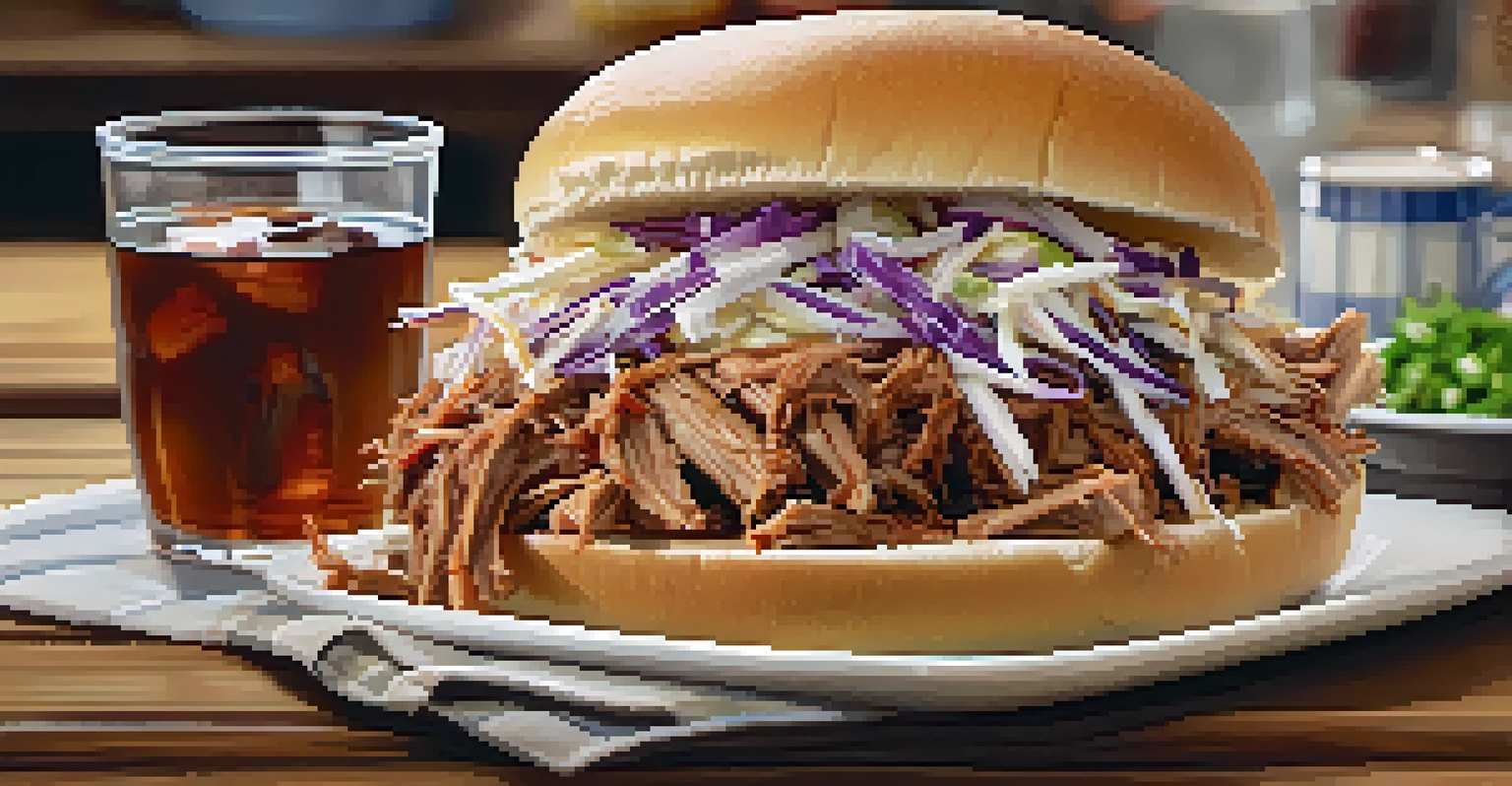 A delicious pulled pork sandwich with barbecue sauce and coleslaw on a wooden table, accompanied by a glass of sweet tea.