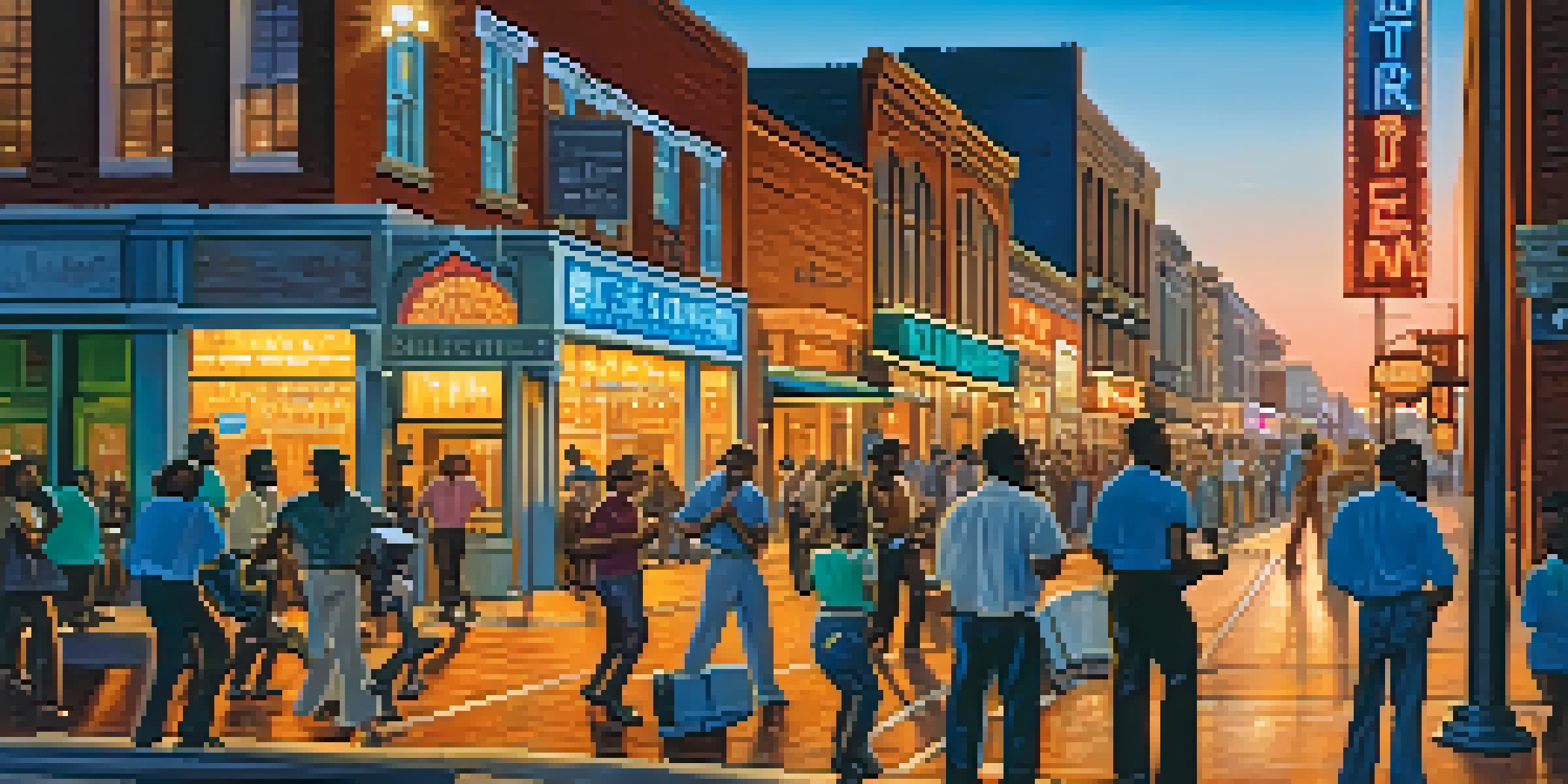 A lively scene on Beale Street in Memphis with musicians performing and vibrant crowds enjoying the music.