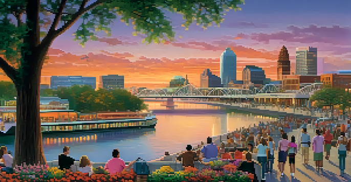 A Memphis cityscape during sunset, with colorful skies and people in a riverside park.