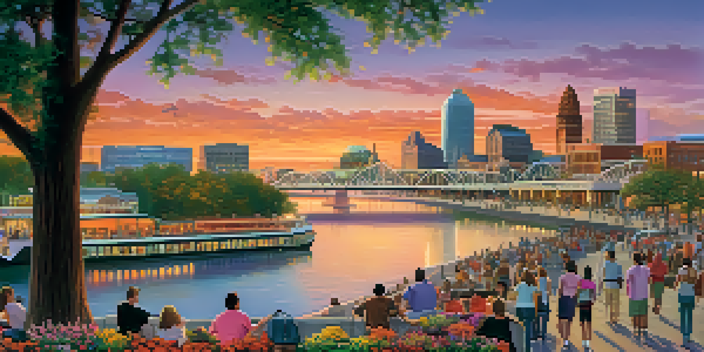 A Memphis cityscape during sunset, with colorful skies and people in a riverside park.