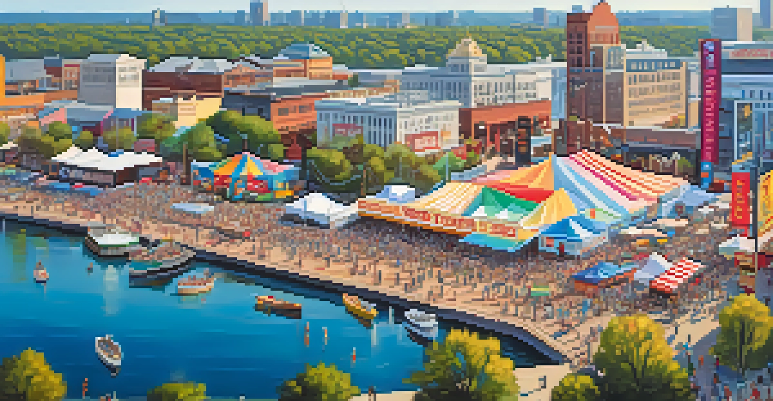 An aerial view of the Beale Street Music Festival at the Memphis Riverfront, showcasing colorful tents, food stalls, and performers, with the Mississippi River and vibrant murals in the background.