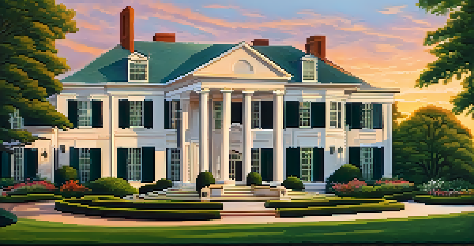 A sunset view of Graceland, the mansion surrounded by lush green lawns and gardens, bathed in warm hues from the setting sun.