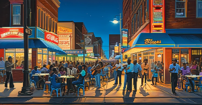 A lively street scene on Beale Street in Memphis, showcasing musicians playing blues music, colorful neon signs, and people enjoying the vibrant nightlife.