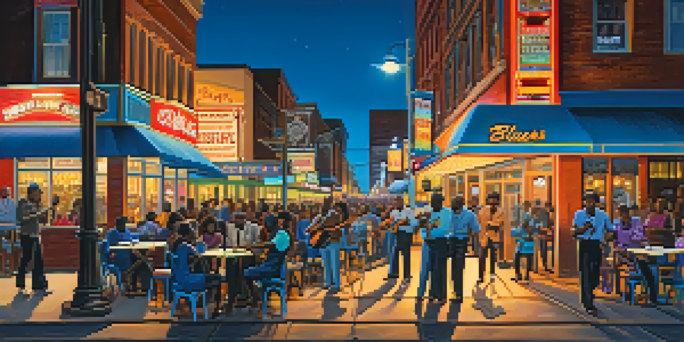 A lively street scene on Beale Street in Memphis, showcasing musicians playing blues music, colorful neon signs, and people enjoying the vibrant nightlife.