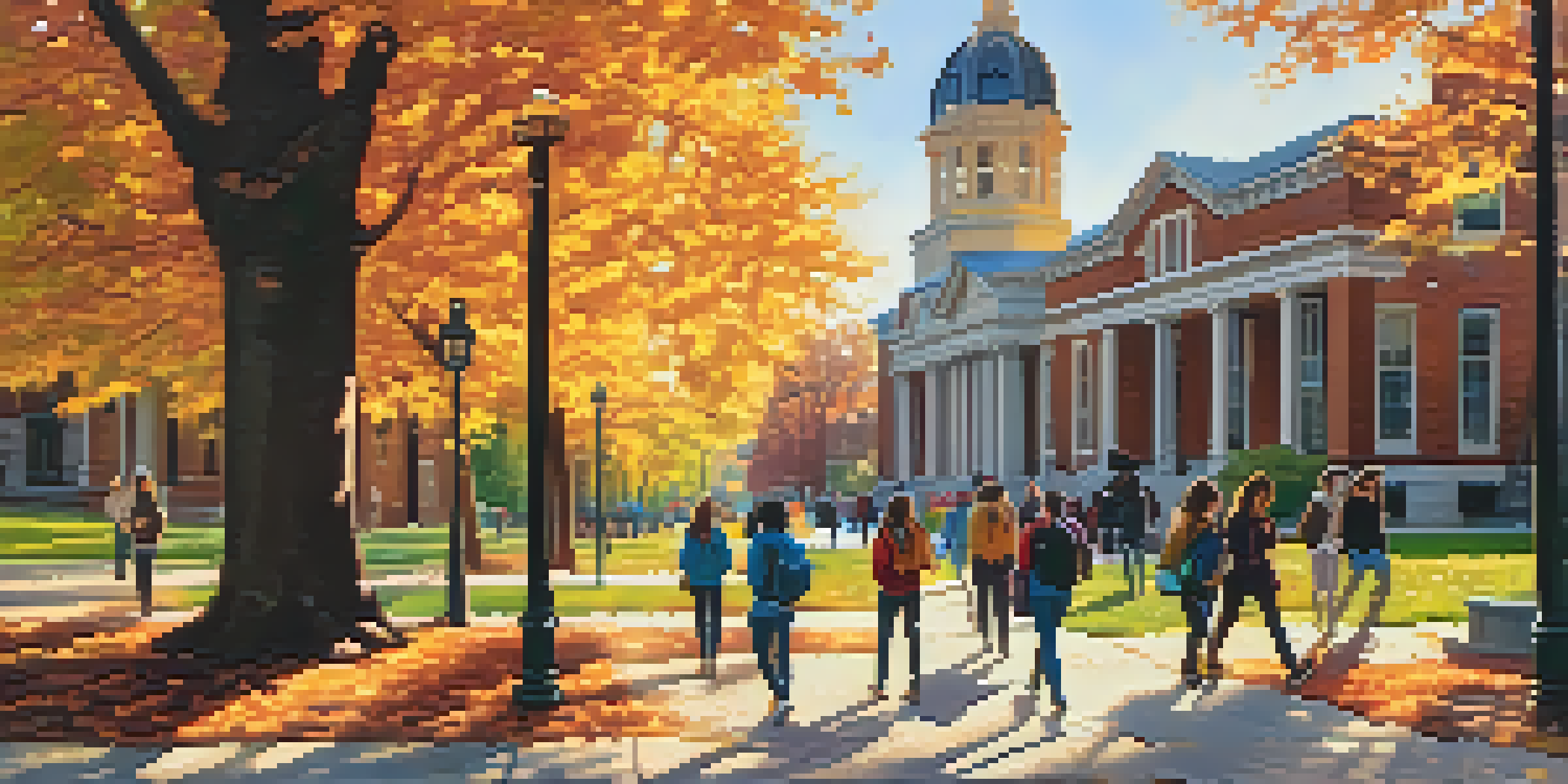 A lively college campus in Memphis with students walking, colorful autumn trees, and historic buildings under bright sunlight.