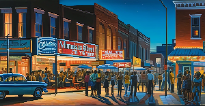 A vibrant scene of Beale Street in Memphis with live music, illuminated blues clubs, and a diverse crowd enjoying the atmosphere.
