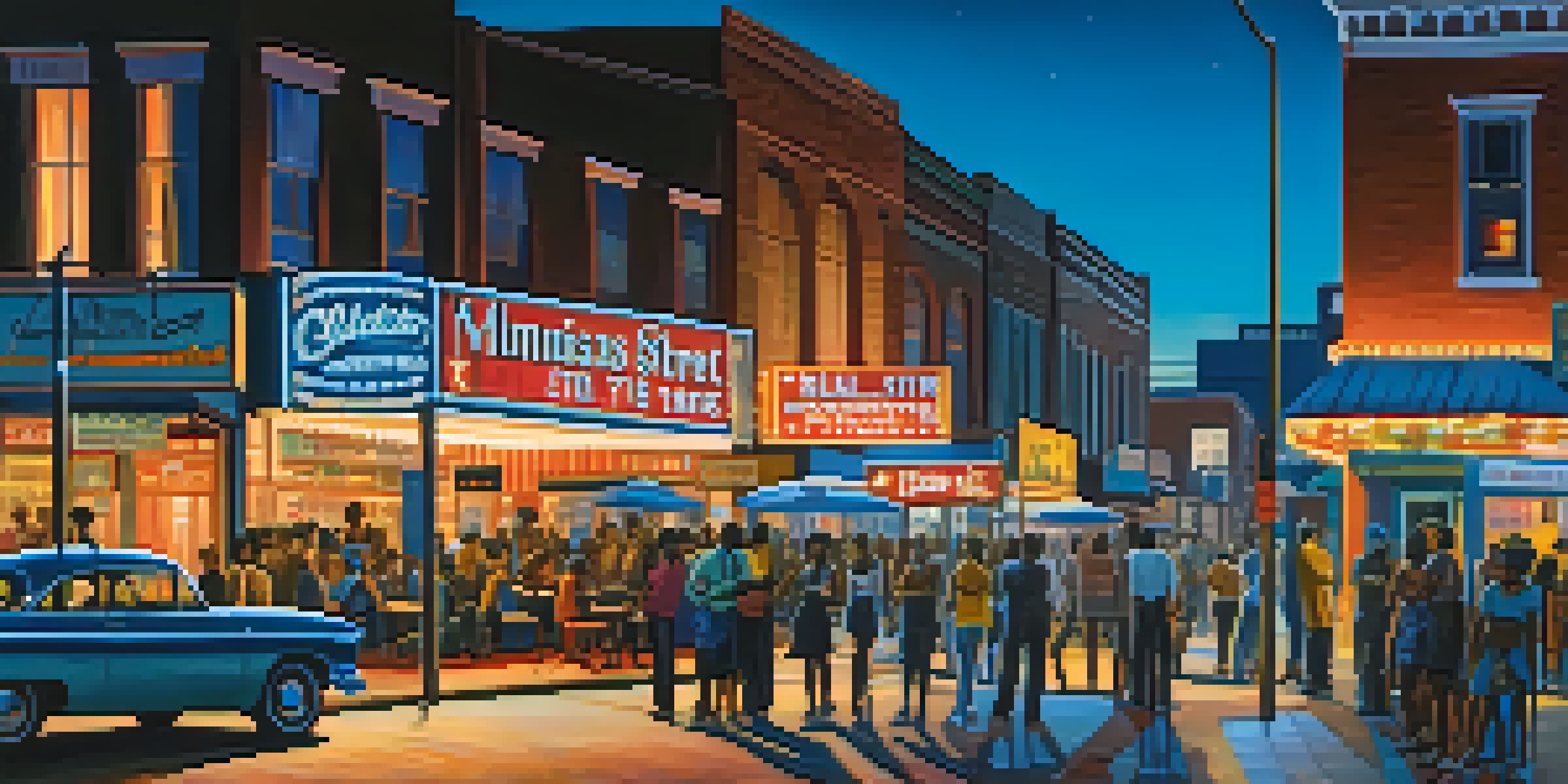 A vibrant scene of Beale Street in Memphis with live music, illuminated blues clubs, and a diverse crowd enjoying the atmosphere.