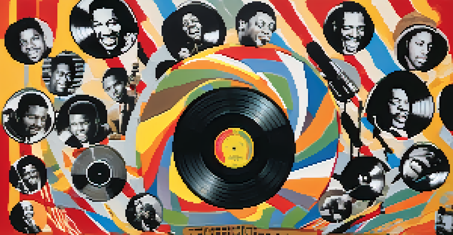 A vinyl record surrounded by images of iconic Memphis musicians, with musical notes and sound waves in a vibrant design.