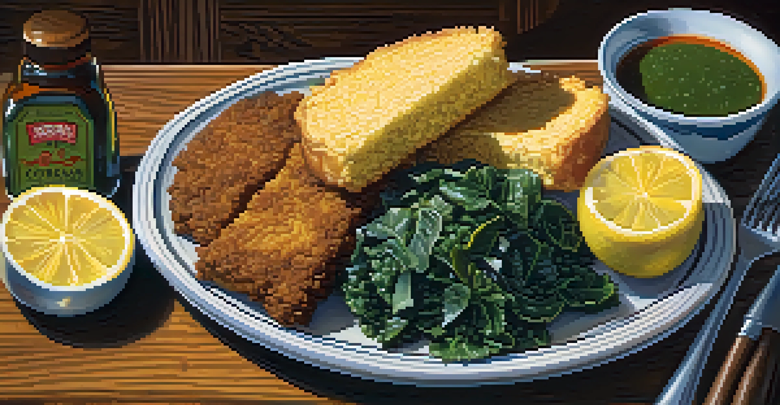 A delicious plate of soul food from Memphis with fried catfish, collard greens, and cornbread on a rustic table.