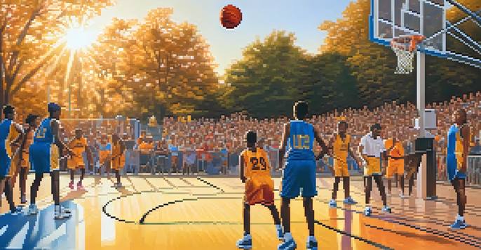 A lively outdoor basketball game featuring diverse young players in colorful jerseys, with spectators cheering and a sunset in the background.