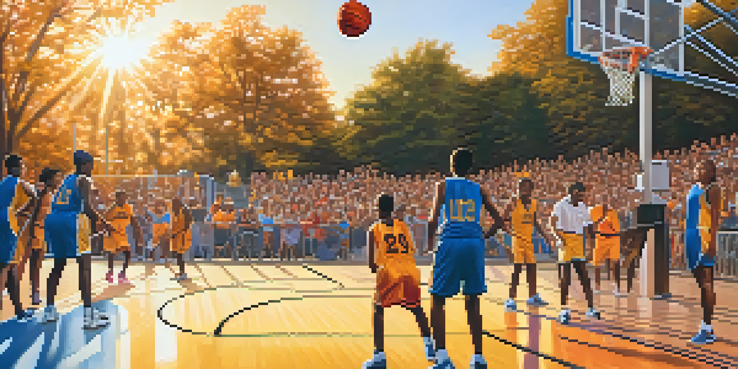 A lively outdoor basketball game featuring diverse young players in colorful jerseys, with spectators cheering and a sunset in the background.
