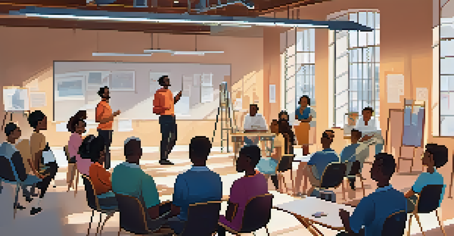 A group of diverse participants in a soft skills training workshop, interacting and engaged with a facilitator in a bright and modern room.