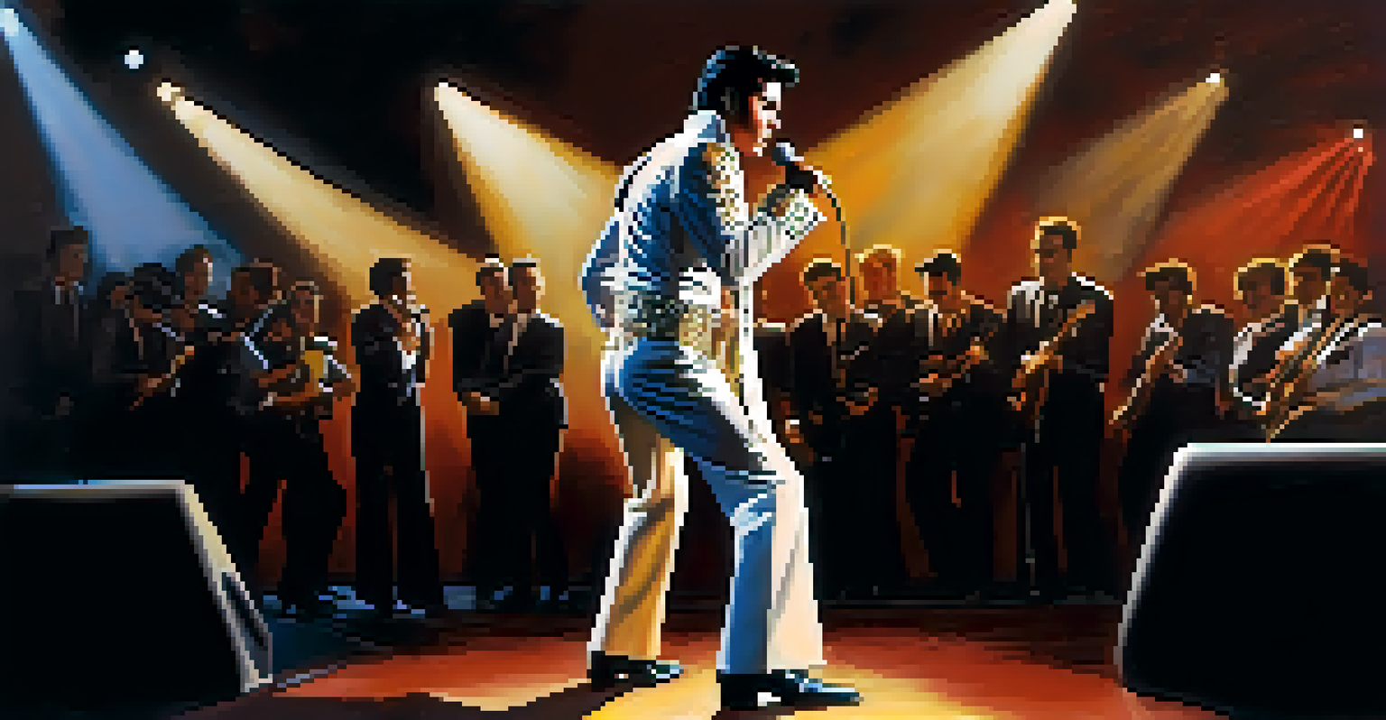 Elvis Presley performing on stage at Sun Studio, illuminated by spotlights, with a captivated audience in silhouette.