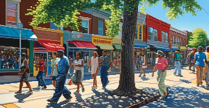 A lively street in Memphis with people walking and colorful murals on storefronts under a blue sky.