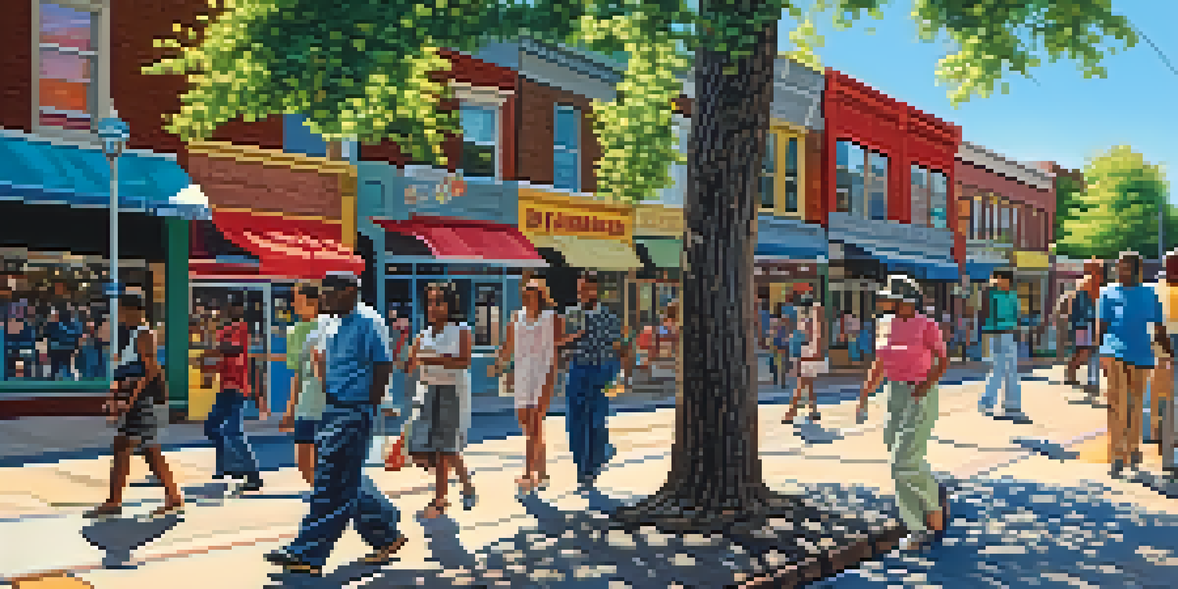 A lively street in Memphis with people walking and colorful murals on storefronts under a blue sky.