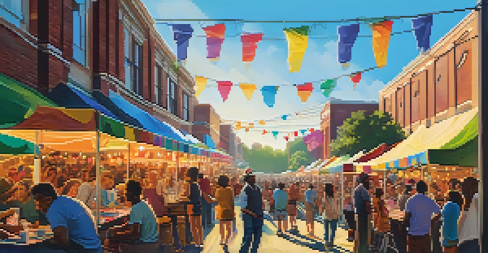 A lively festival scene in Memphis with a diverse crowd enjoying live music, colorful stalls, and musicians performing on stage under a blue sky.