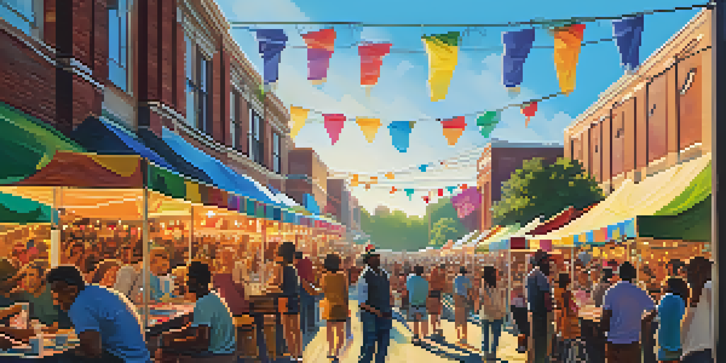 A lively festival scene in Memphis with a diverse crowd enjoying live music, colorful stalls, and musicians performing on stage under a blue sky.